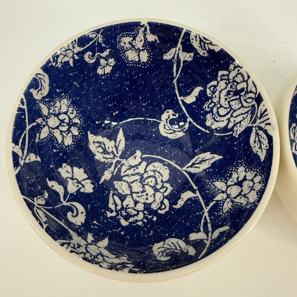 Pier 1 Batik Cereal Bowls Set of 2 Cream Navy Blue Floral Earthenware Brazil